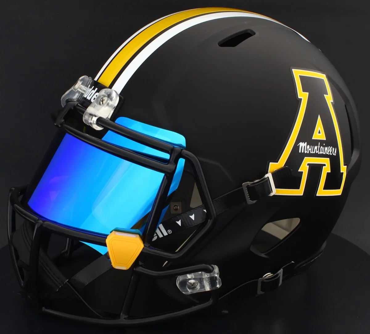 Appalachian State Mountaineers Riddell Replica Speed Football Helmet – Black Block A, Black Factory Mask, Ice Blue Visor, and Yellow Clips