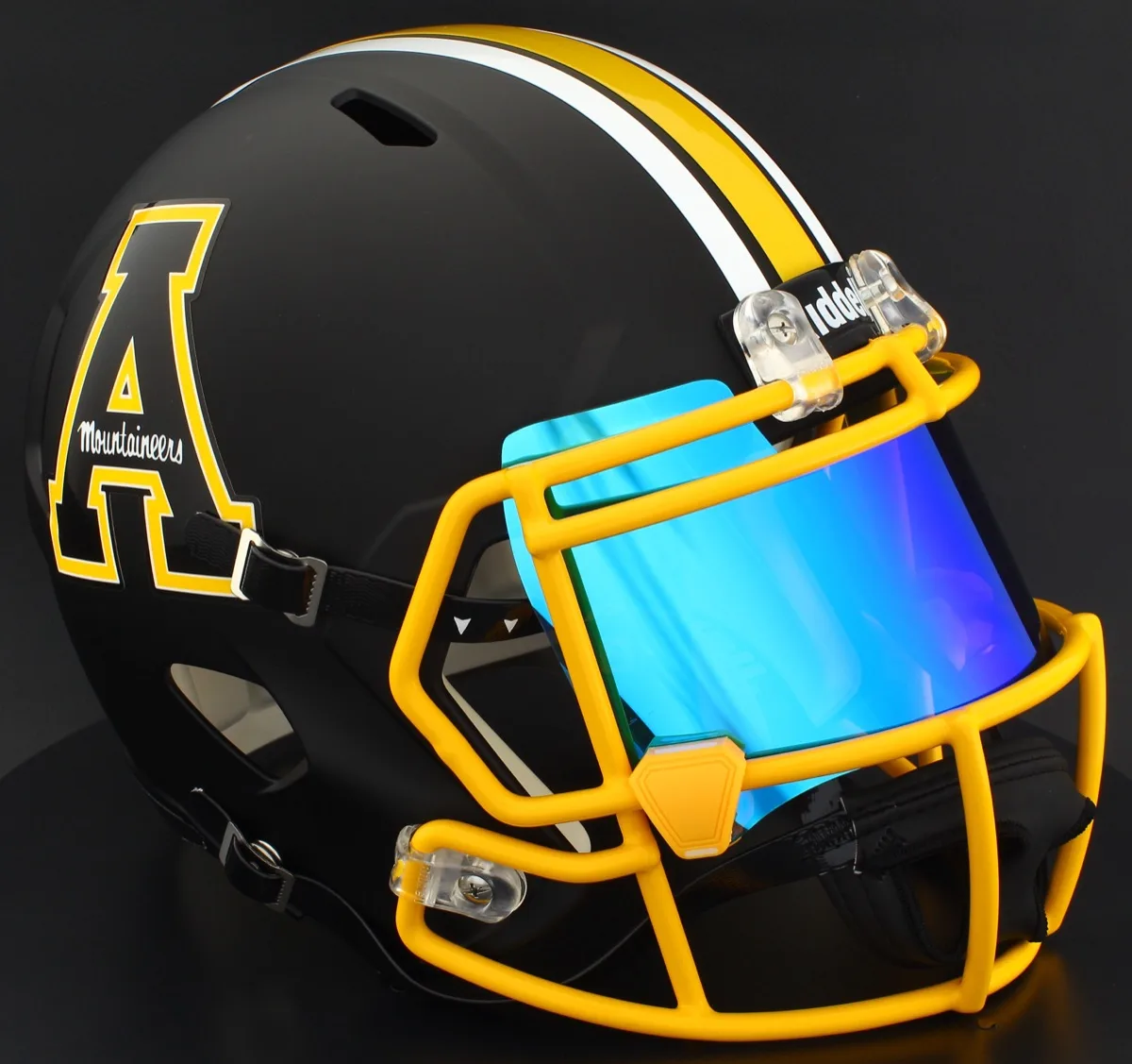 Appalachian State Mountaineers Riddell Replica Speed Football Helmet – Black Block A, Yellow Mask, Ice Blue Visor, and Yellow Clips