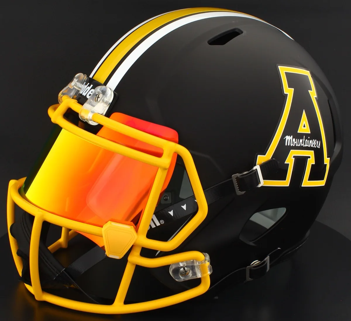 Appalachian State Mountaineers Riddell Replica Speed Football Helmet – Black Block A, Yellow Mask, Torch Visor, and Yellow Clips