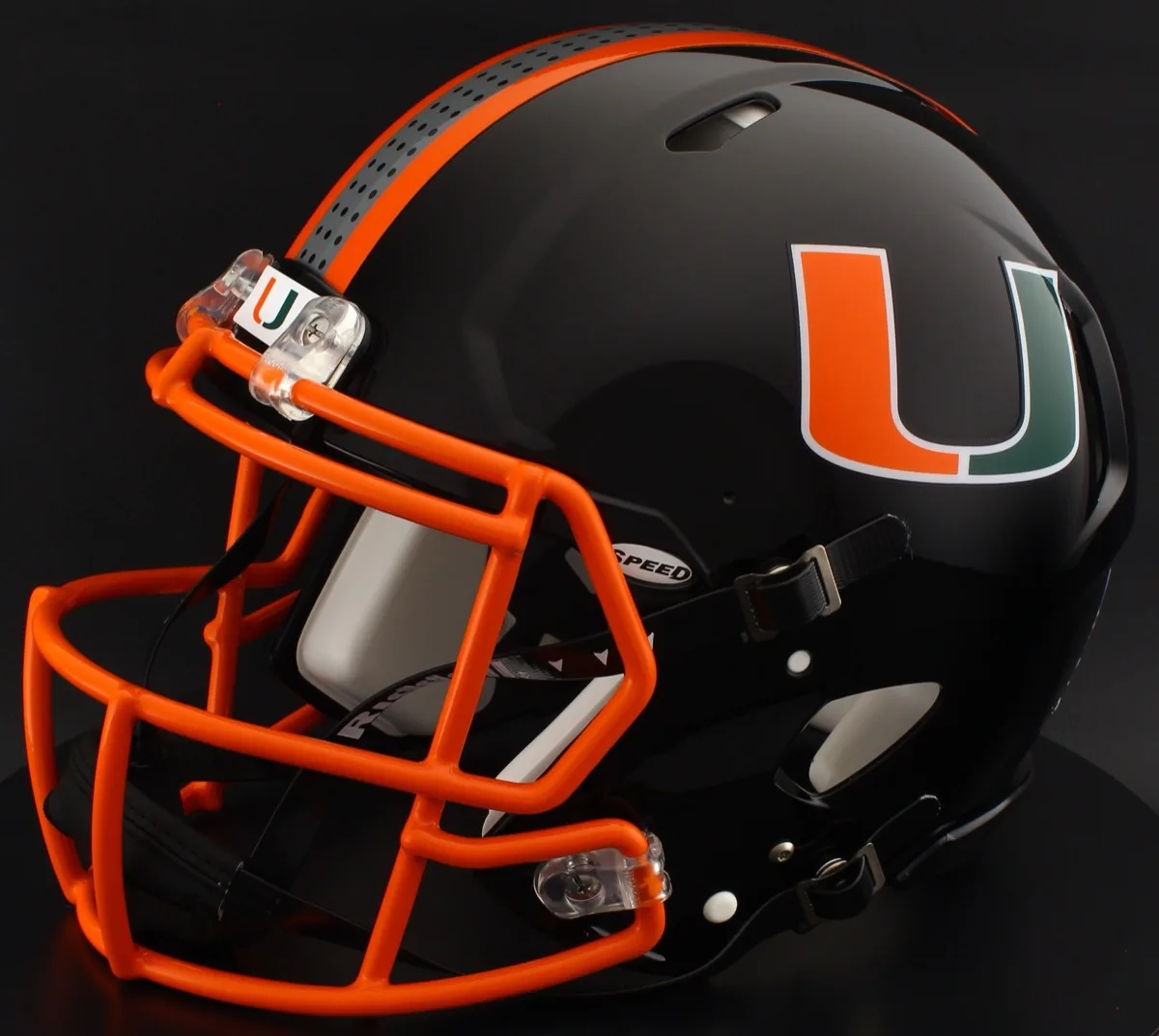 Miami Hurricanes Riddell Authentic Speed Football Helmet – Black, Burnt Orange Mask, no visor