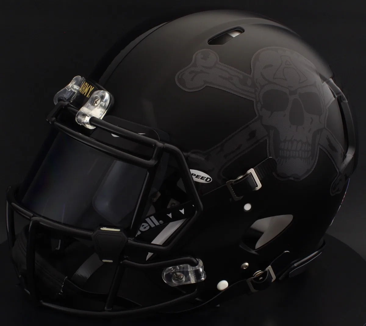 Army Black Knights Riddell Replica Speed Football Helmet – Skull and Crossbones, Black Factory Mask, Black Visor, Black Brow Tabs, and Black Clips
