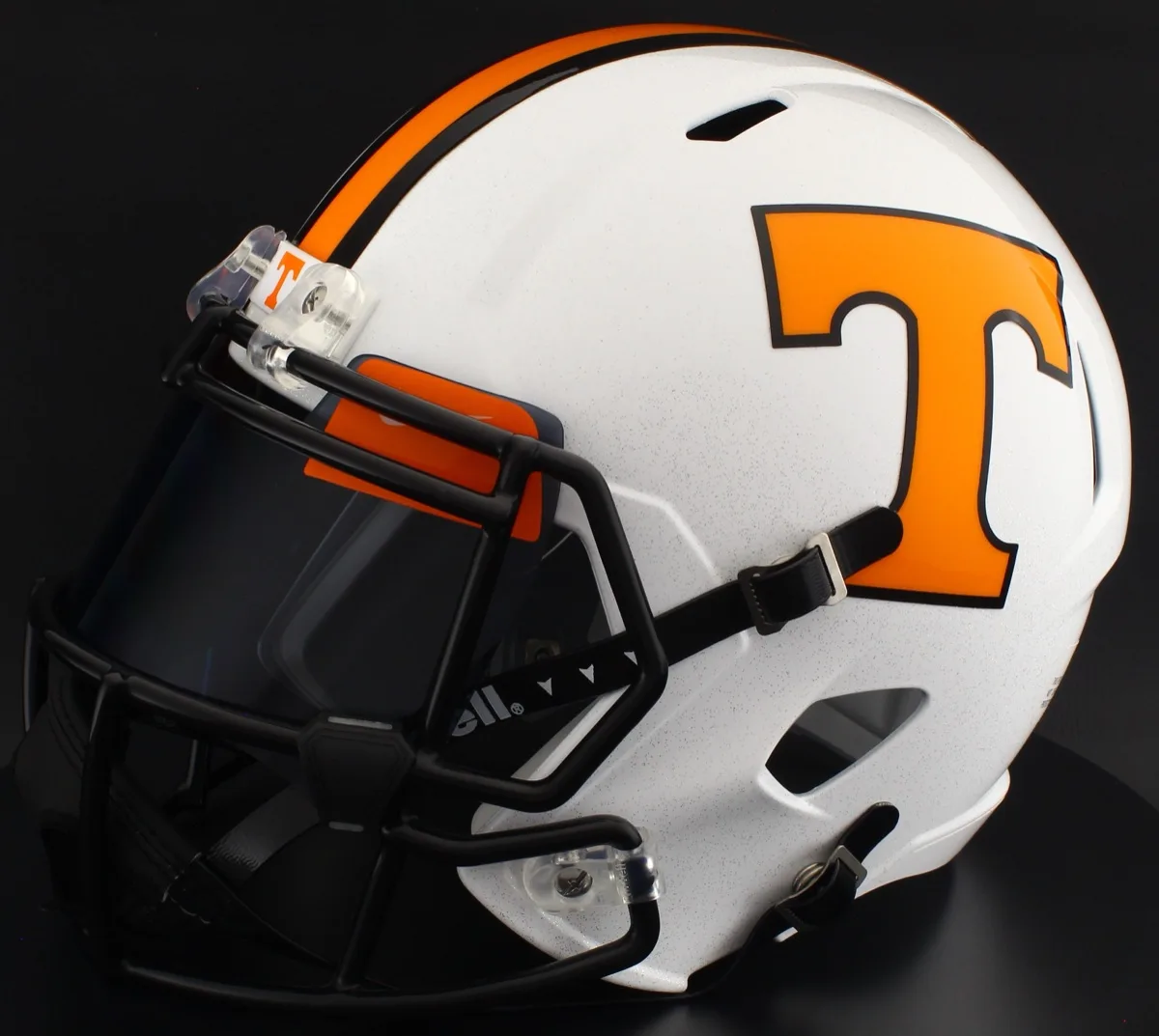 Tennessee Volunteers Riddell Replica Speed Football Helmet – White Block T, Black Mask, Black Visor, Light Orange Brow Tabs, and Black Clips