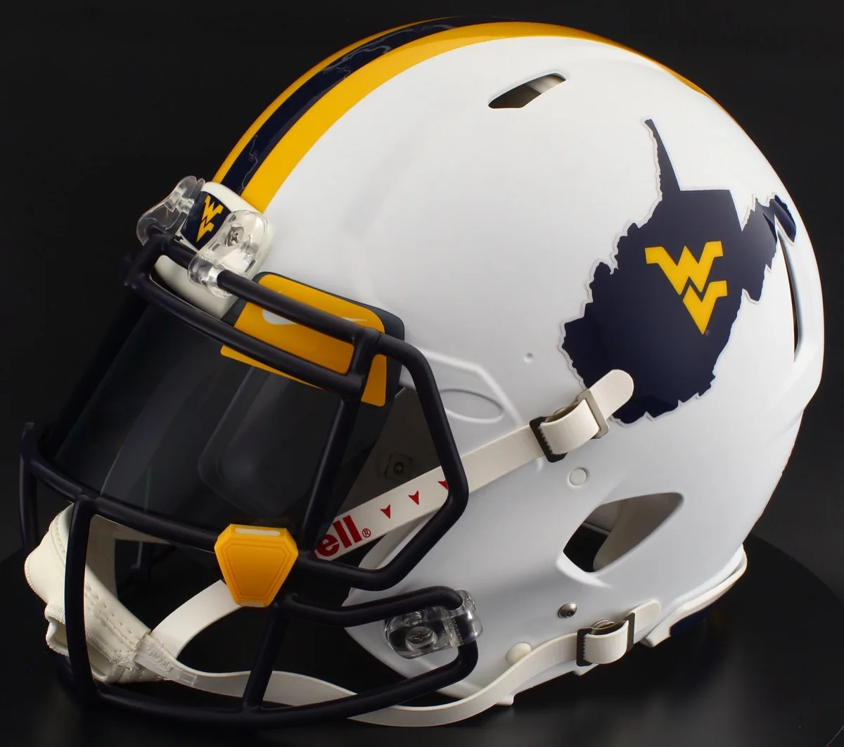 West Virginia Mountaineers Riddell Authentic Speed Football Helmet – Backyard Brawl, Navy Factory Mask, Black Visor, Yellow Brow Tabs, and Yellow Clips