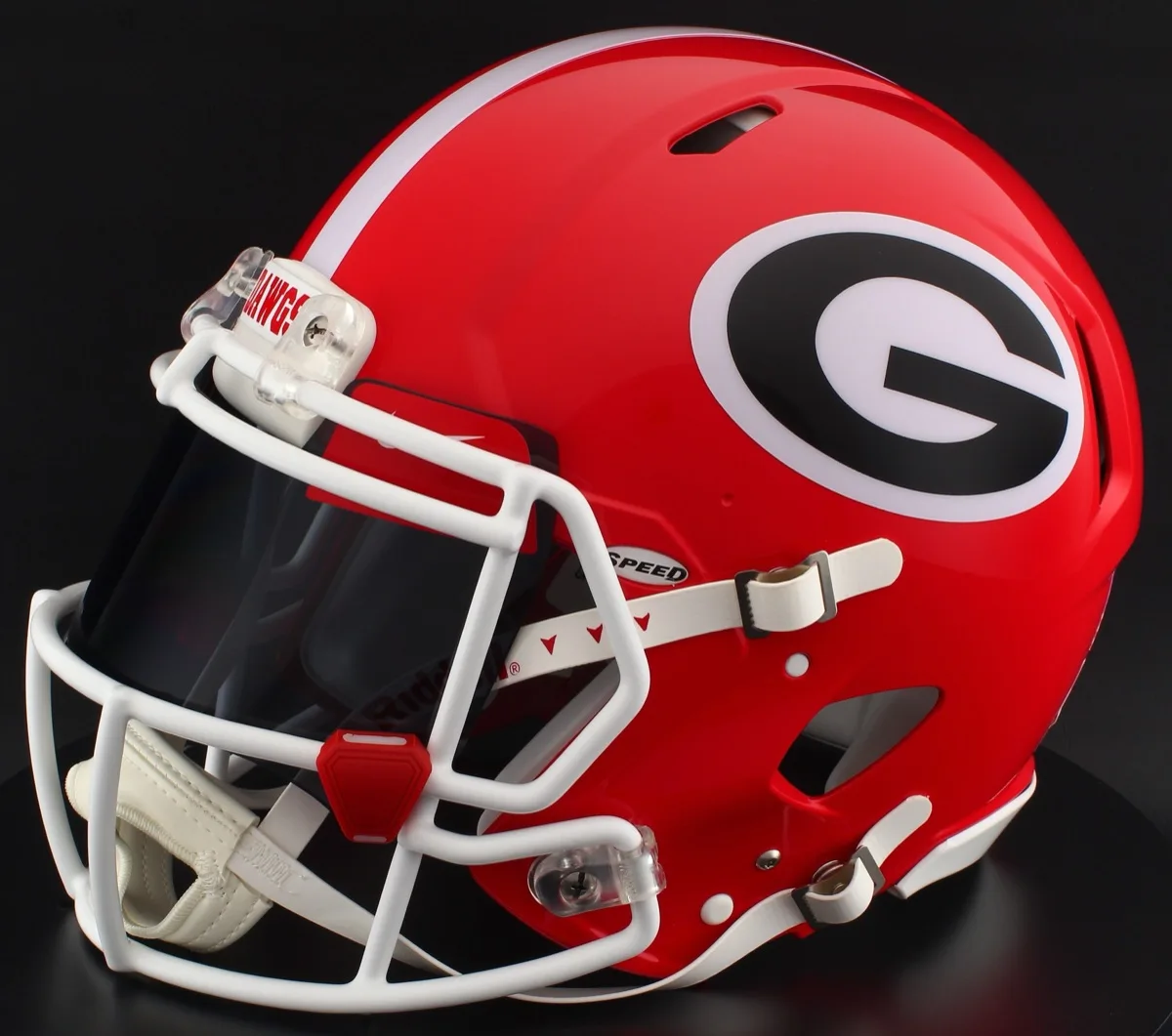 Georgia Bulldogs Riddell Replica Speed Football Helmet – Red Power G, White Factory Mask, Black Visor, Red Brow Tabs, and Red Clips