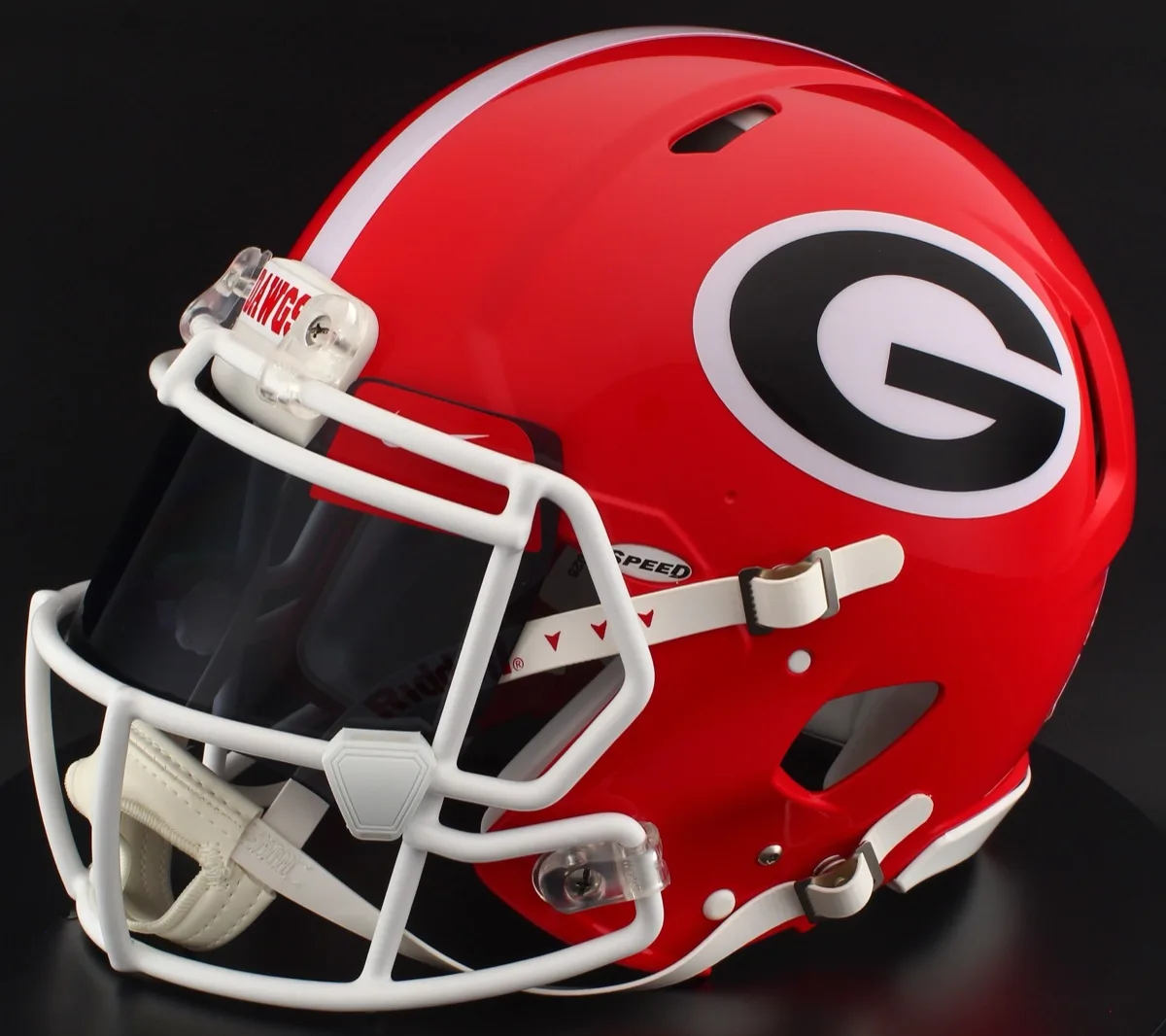 Georgia Bulldogs Riddell Replica Speed Football Helmet – Red Power G, White Factory Mask, Black Visor, Red Brow Tabs, and White Clips