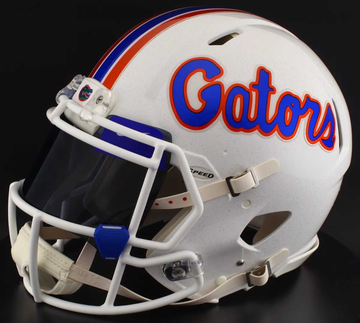 Florida Gators Riddell Replica Speed Football Helmet – Chrome Decals, White Factory Mask, Black Visor, Royal Blue Brow Tabs, and Dark Royal Blue Clips