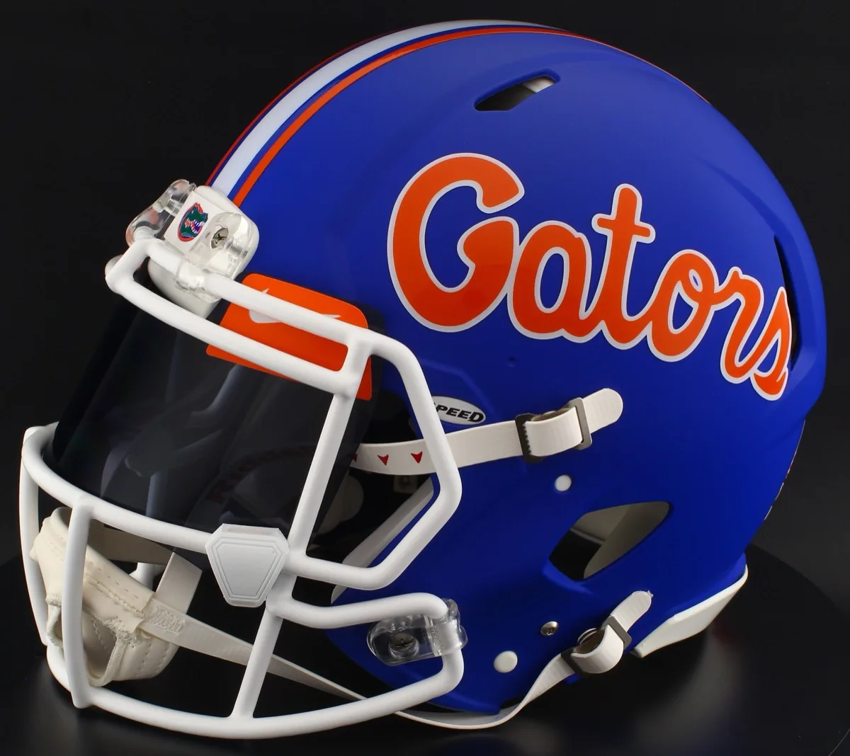 Florida Gators Riddell Authentic Speed Football Helmet – Matte Blue, White Factory Mask, Black Visor, Dark Orange Brow Tabs, and White Clips