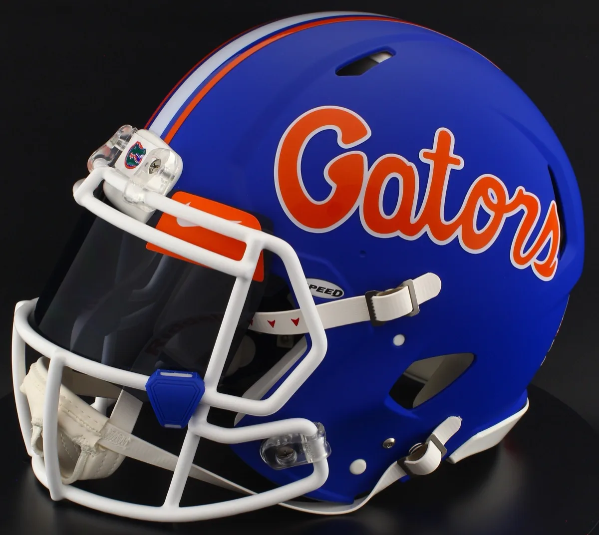 Florida Gators Riddell Authentic Speed Football Helmet – Matte Blue, White Factory Mask, Black Visor, Dark Orange Brow Tabs, and Dark Royal Blue Clips