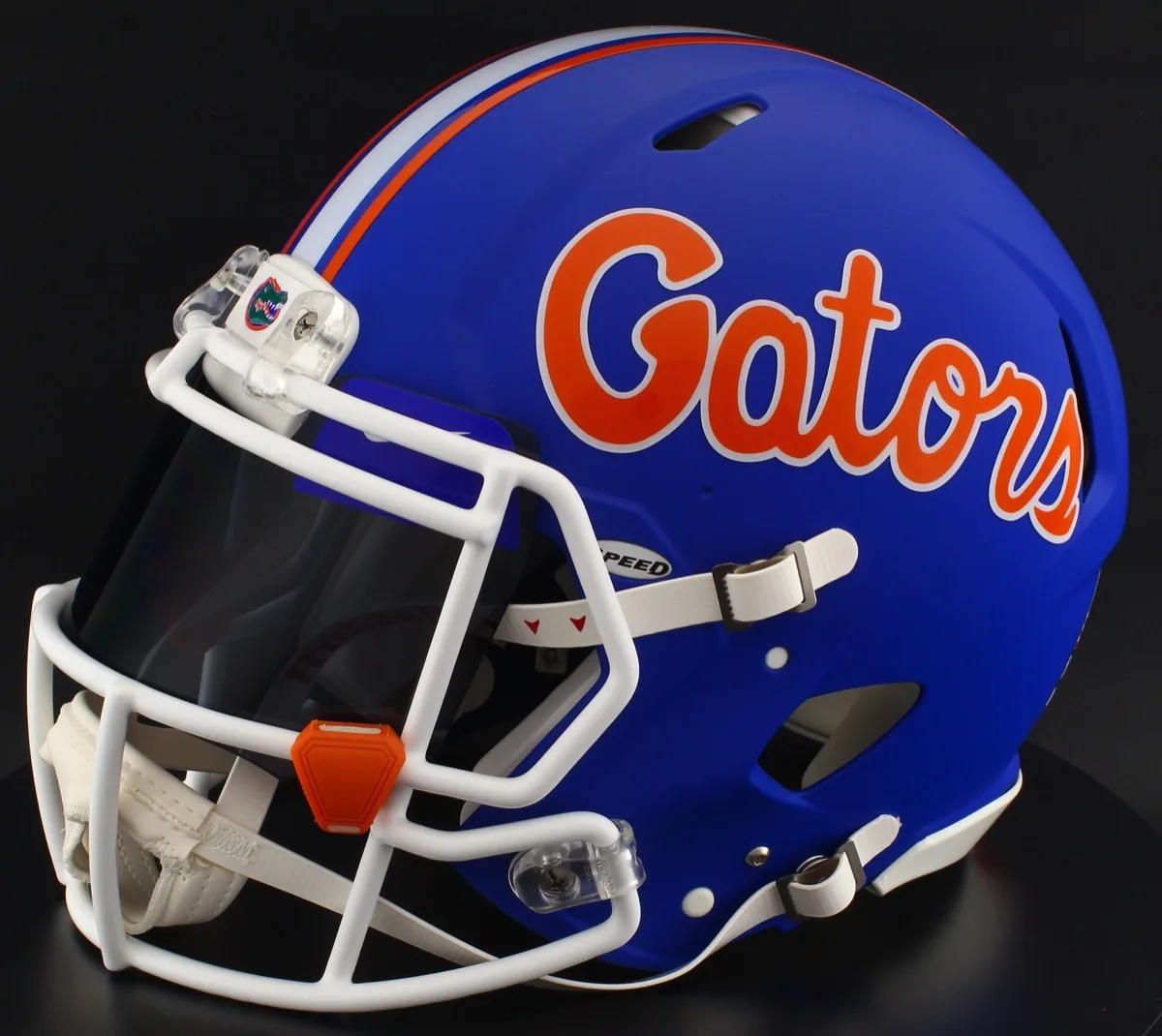 Florida Gators Riddell Replica Speed Football Helmet – Matte Blue, White Factory Mask, Black Visor, Royal Blue Brow Tabs, and Orange Clips