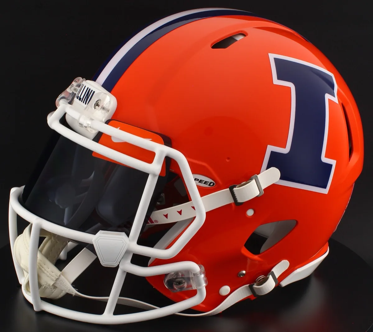 Illinois Fighting Illini Riddell Replica Speed Football Helmet – Orange, White Factory Mask, Black Visor, Dark Orange Brow Tabs, and White Clips