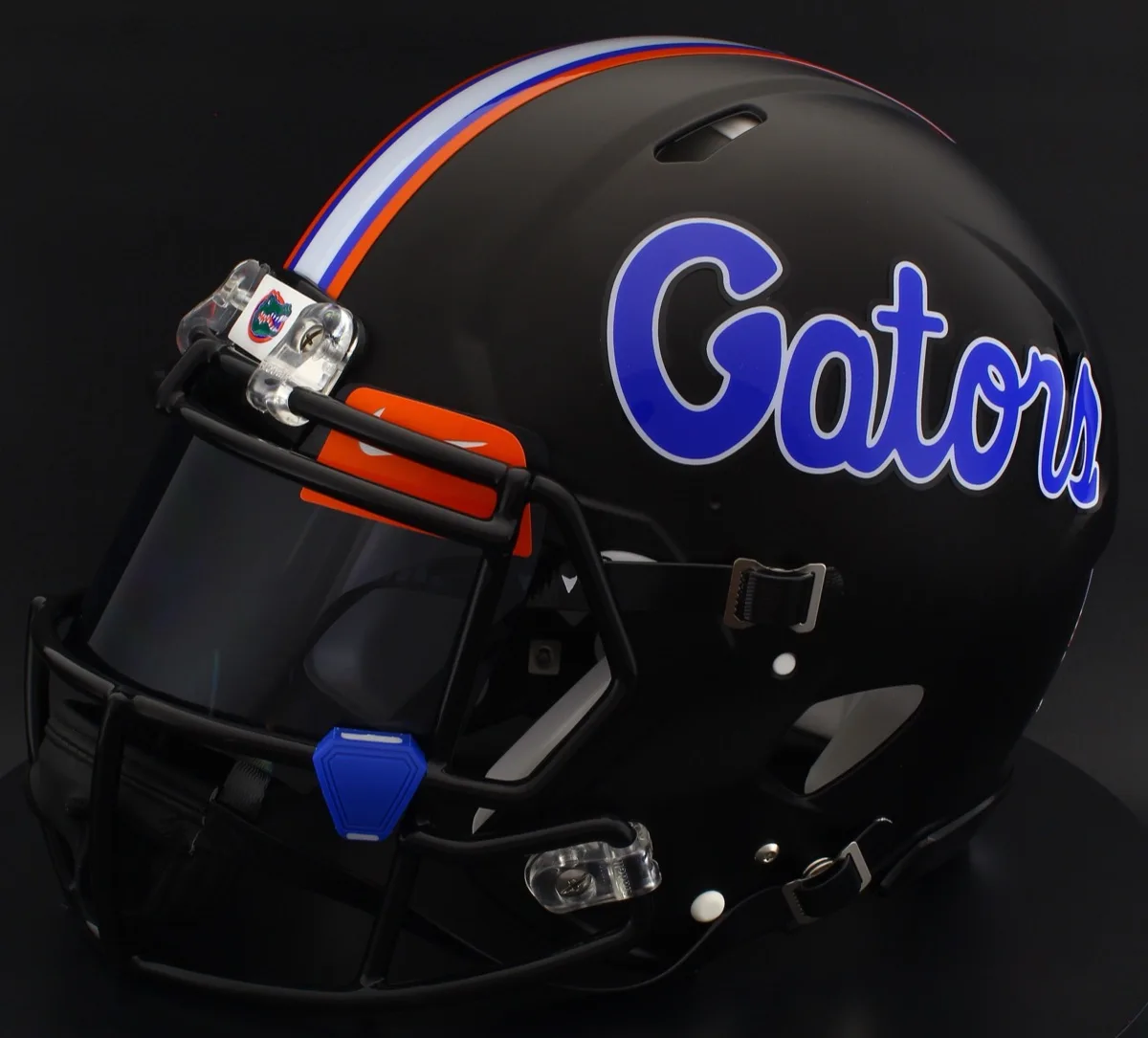 Florida Gators Riddell Authentic Speed Football Helmet – Satin Black, Black Factory Mask, Black Visor, Dark Orange Brow Tabs, and Dark Royal Blue Clips