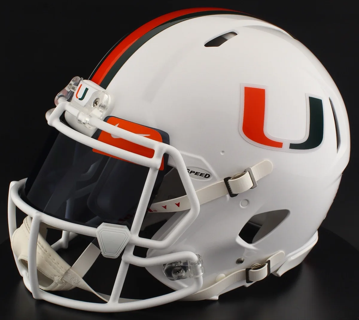 Miami Hurricanes Riddell Replica Speed Football Helmet – White U, White Factory Mask, Black Visor, Dark Orange Brow Tabs, and White Clips