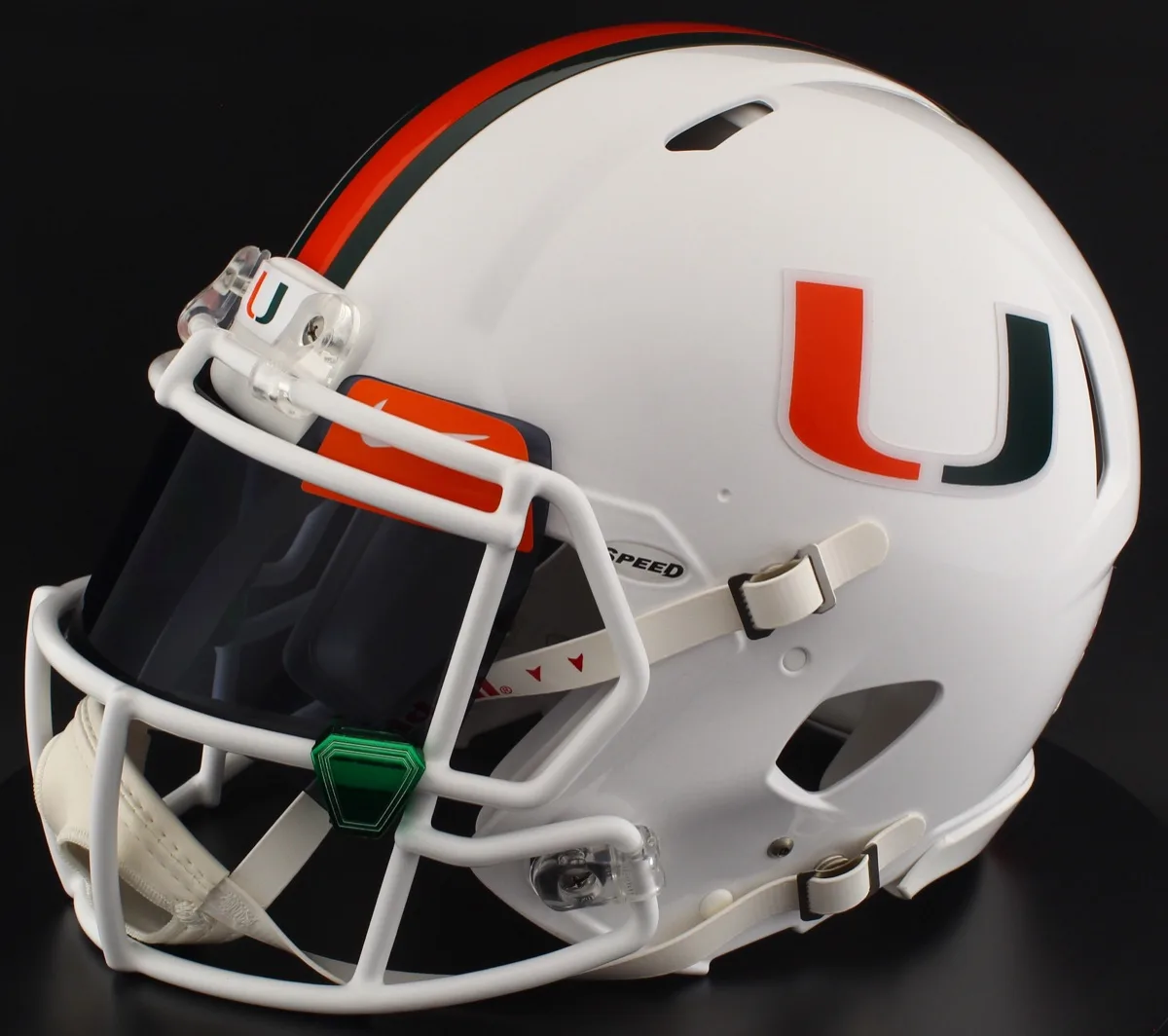 Miami Hurricanes Riddell Authentic Speed Football Helmet – White U, White Factory Mask, Black Visor, Dark Orange Brow Tabs, and Green Chrome Clips