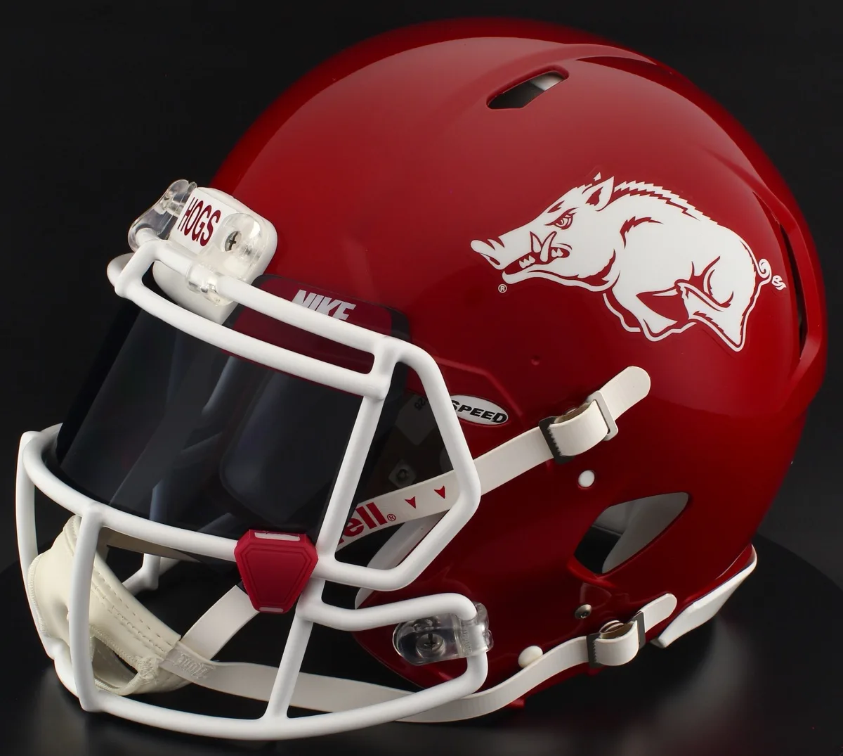 Arkansas Razorbacks Riddell Authentic Speed Football Helmet – Red Razorback, White Factory Mask, Black Visor, Cardinal Brow Tabs, and Cardinal Clips
