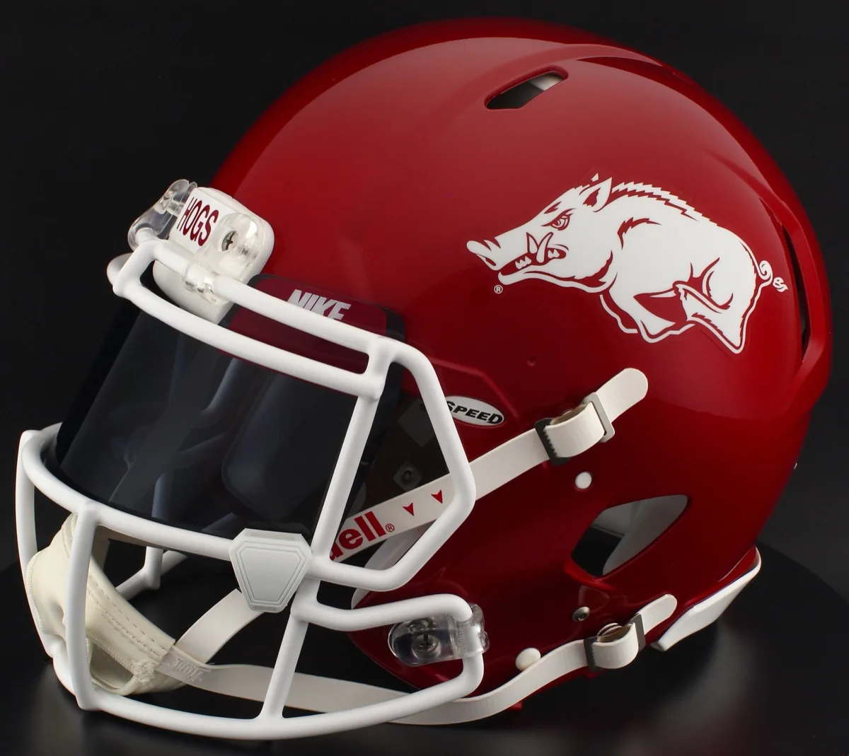 Arkansas Razorbacks Riddell Replica Speed Football Helmet – Red Razorback, White Factory Mask, Black Visor, Cardinal Brow Tabs, and White Clips