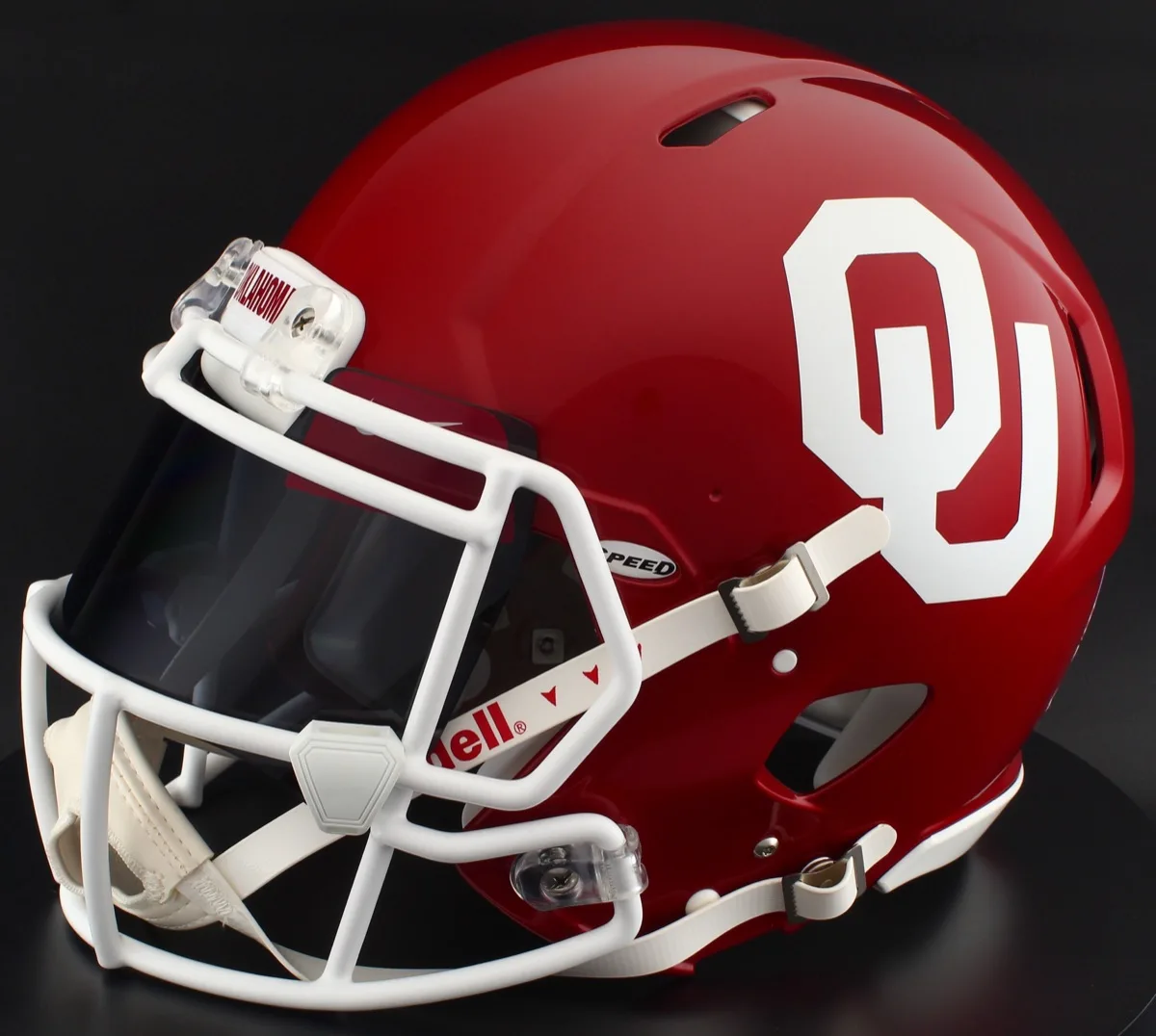 Oklahoma Sooners Riddell Authentic Speed Football Helmet – Crimson OU, White Factory Mask, Black Visor, Cardinal Brow Tabs, and White Clips