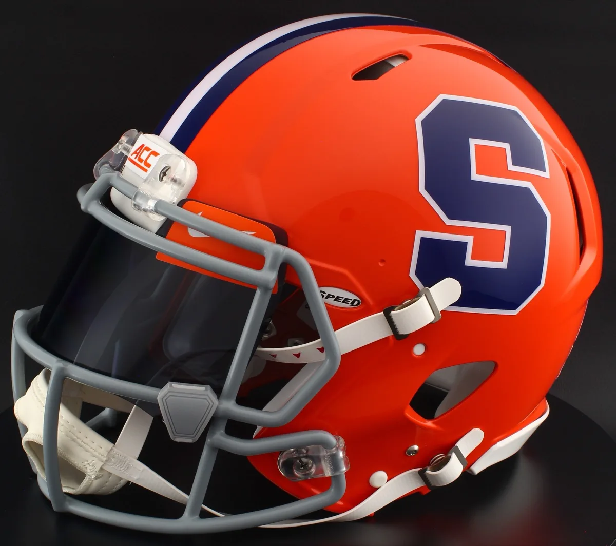 Syracuse Orange Riddell Replica Speed Football Helmet – Orange Block S, Light Gray Mask, Black Visor, Dark Orange Brow Tabs, and Gray Clips