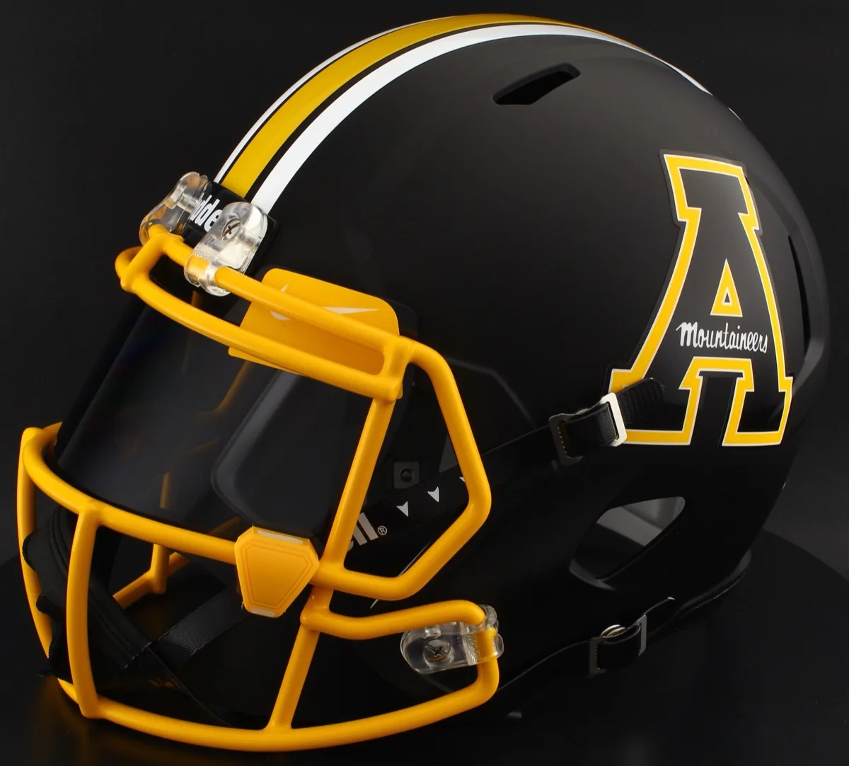 Appalachian State Mountaineers Riddell Replica Speed Football Helmet – Black Block A, Yellow Mask, Black Visor, Yellow Brow Tabs, and Yellow Clips