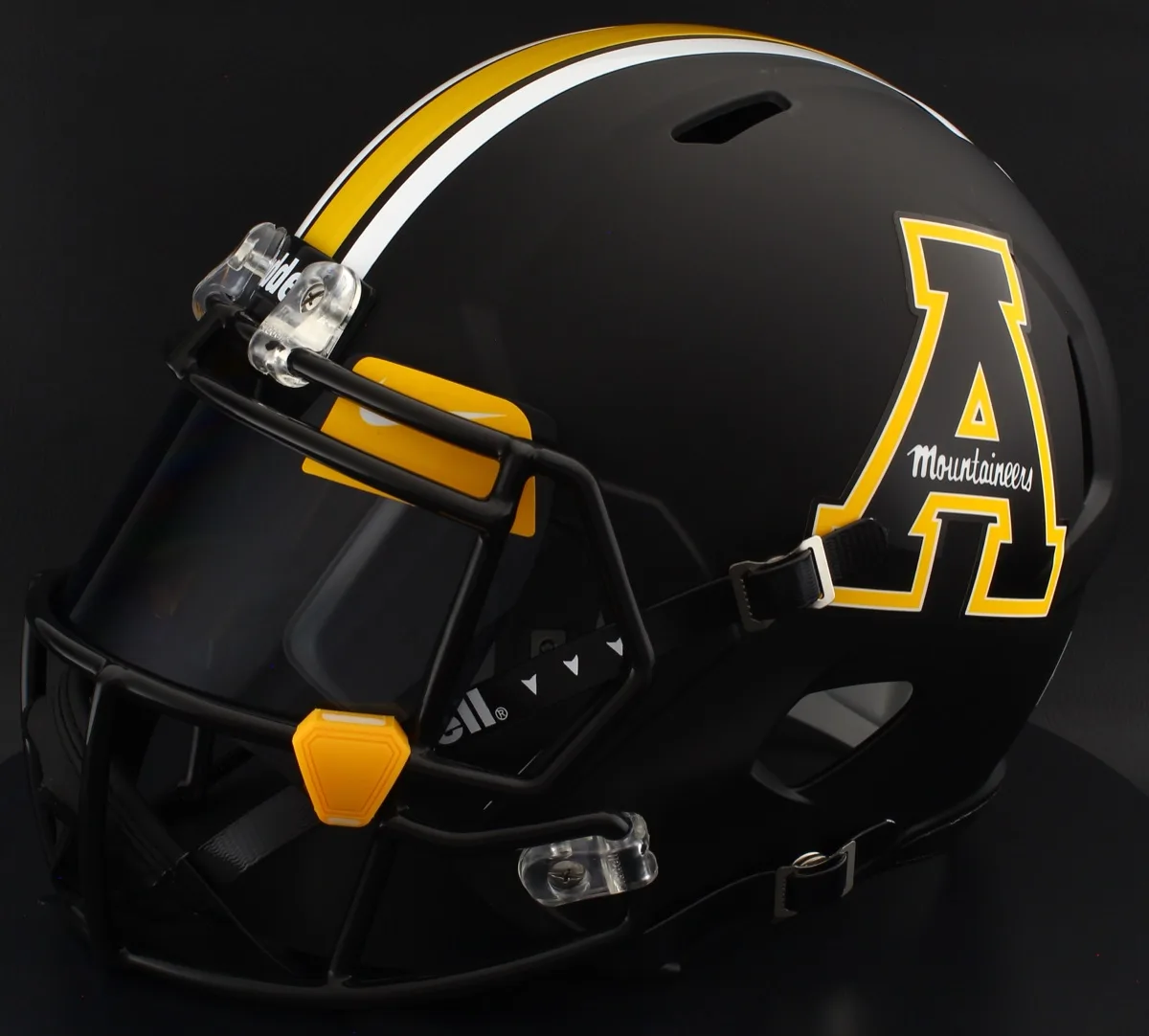 Appalachian State Mountaineers Riddell Replica Speed Football Helmet – Black Block A, Black Factory Mask, Black Visor, Yellow Brow Tabs, and Yellow Clips