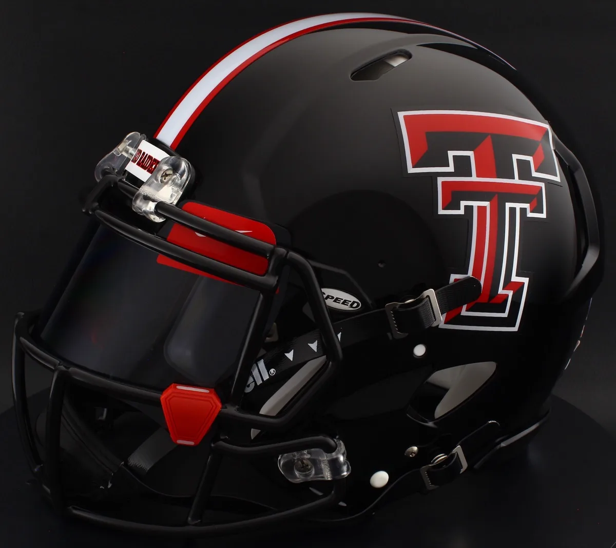 Texas Tech Red Raiders Riddell Replica Speed Football Helmet – 100 Year, Black Factory Mask, Black Visor, Red Brow Tabs, and Red Clips