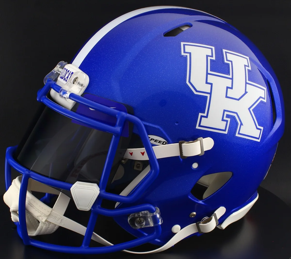 Kentucky Wildcats Riddell Replica Speed Football Helmet – Blue UK, Royal Blue Mask, Black Visor, Royal Blue Brow Tabs, and White Clips