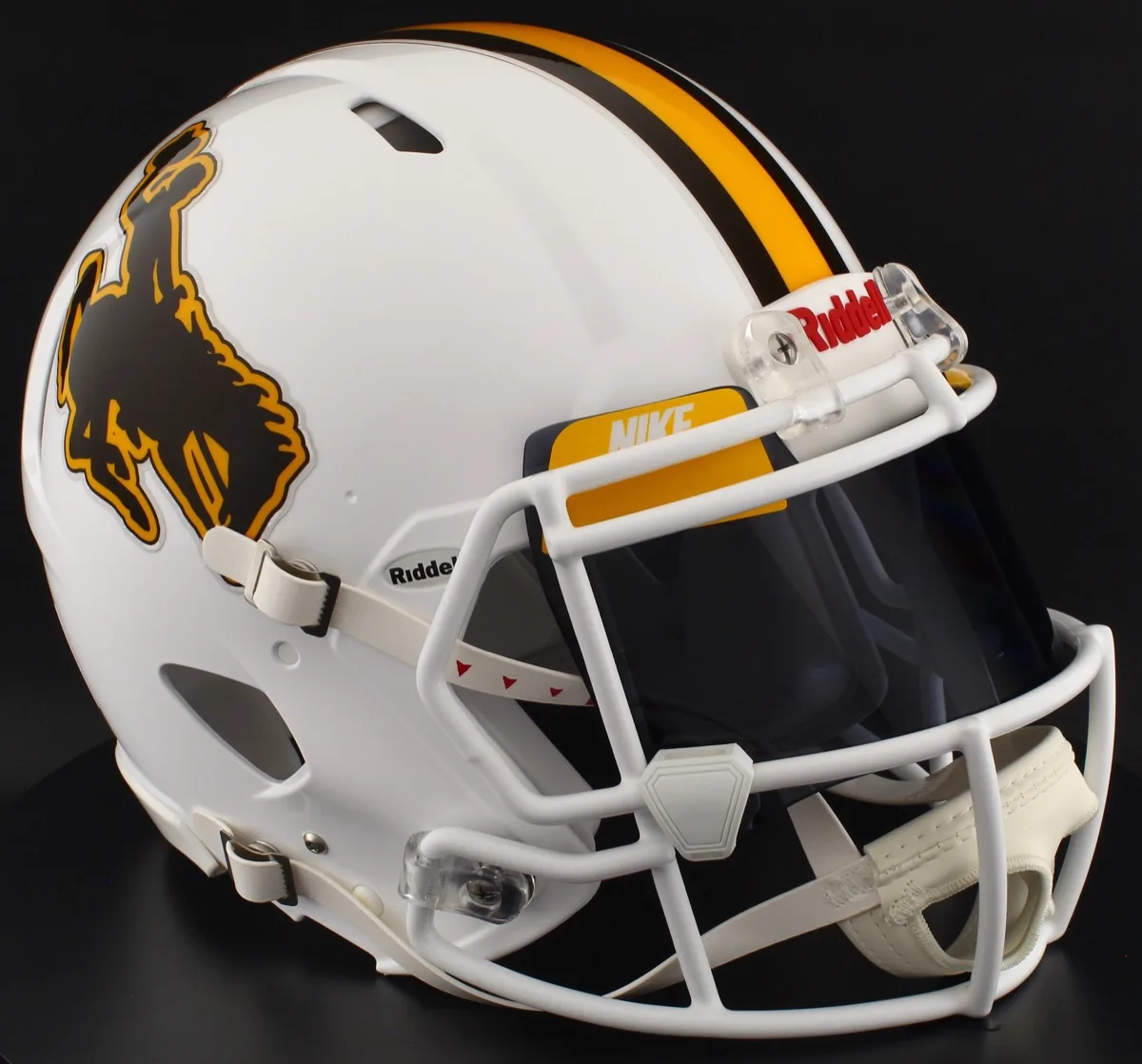 Wyoming Cowboys Riddell Authentic Speed Football Helmet – White Steamboat, White Mask, Black Visor, Yellow Brow Tabs, and White Clips