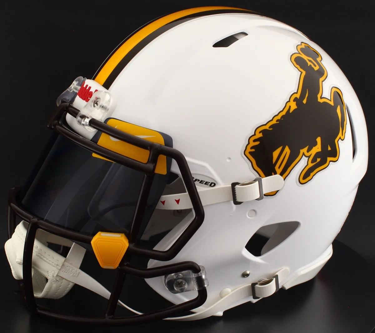 Wyoming Cowboys Riddell Authentic Speed Football Helmet – White Steamboat, Brown Factory Mask, Black Visor, Yellow Brow Tabs, and Yellow Clips