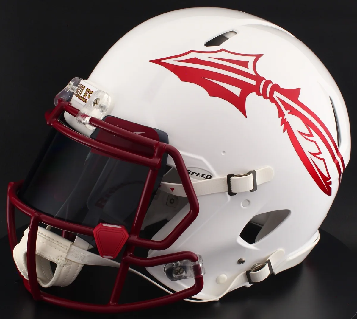 Florida State Seminoles Riddell Authentic Speed Football Helmet – White, Cardinal Mask, Black Visor, Cardinal Brow Tabs, and Red Chrome Clips