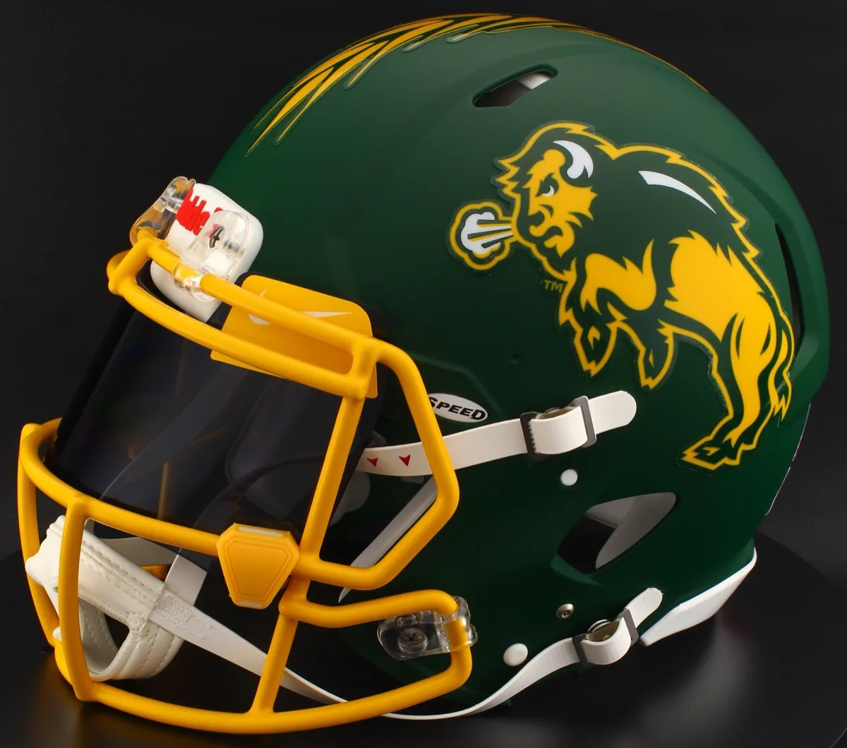 North Dakota State Bison Riddell Replica Speed Football Helmet – Flat Green, Yellow Factory Mask, Black Visor, Yellow Brow Tabs, and Yellow Clips