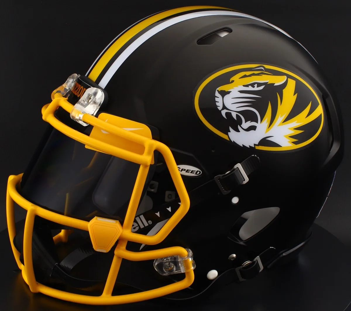 Missouri Tigers Riddell Replica Speed Football Helmet – Anodized Black, Yellow Mask, Black Visor, Yellow Brow Tabs, and Yellow Clips
