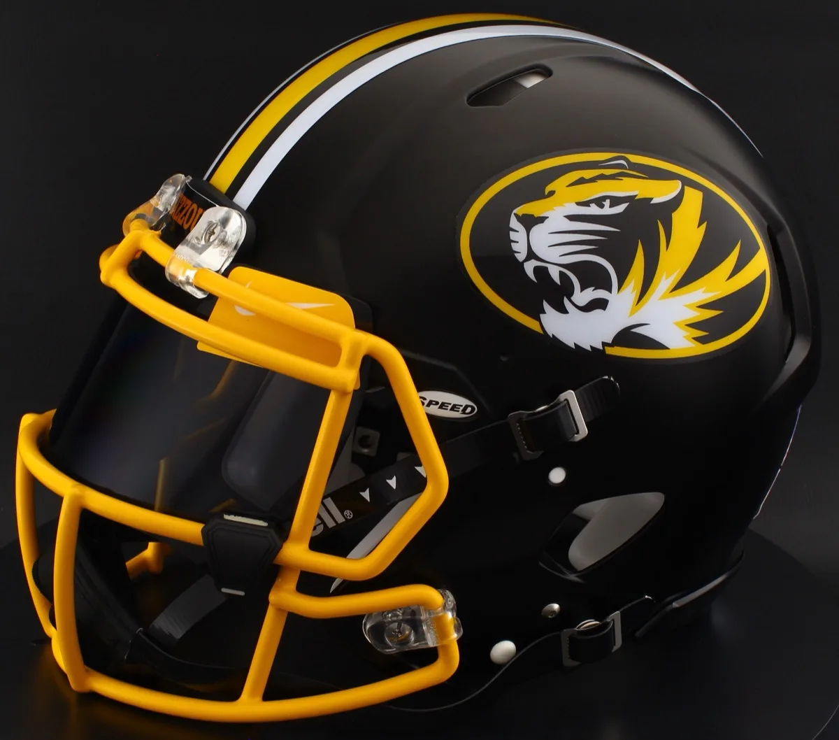 Missouri Tigers Riddell Replica Speed Football Helmet – Anodized Black, Yellow Mask, Black Visor, Yellow Brow Tabs, and Black Clips