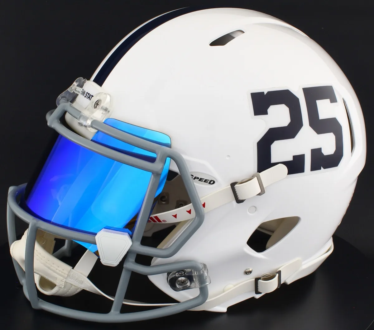 Penn State Nittany Lions Riddell Authentic Speed Football Helmet – #25, Light Gray Factory Mask, Ice Blue Visor, and White Clips