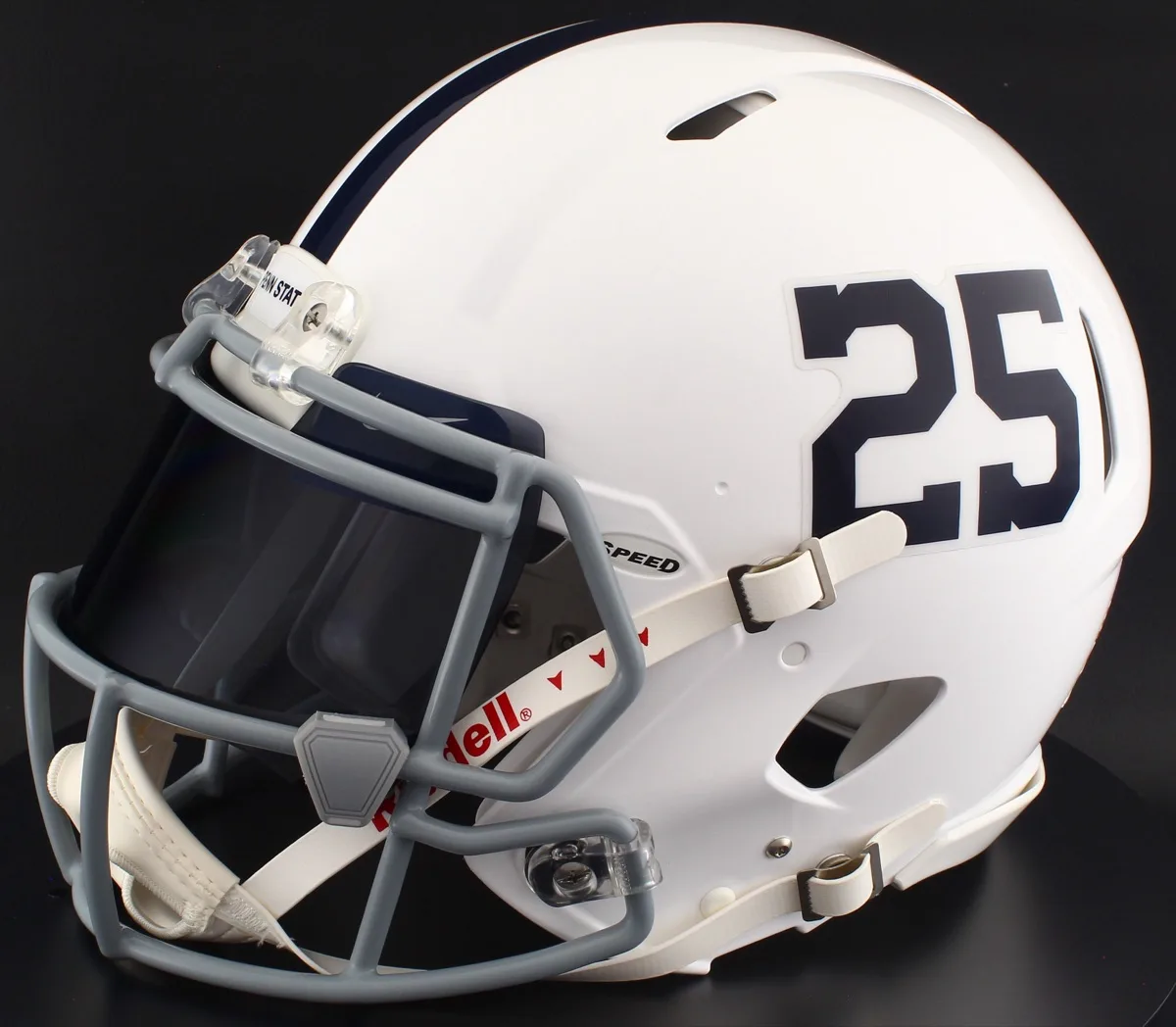 Penn State Nittany Lions Riddell Authentic Speed Football Helmet – #25, Light Gray Factory Mask, Black Visor, Navy Blue Brow Tabs, and Gray Clips