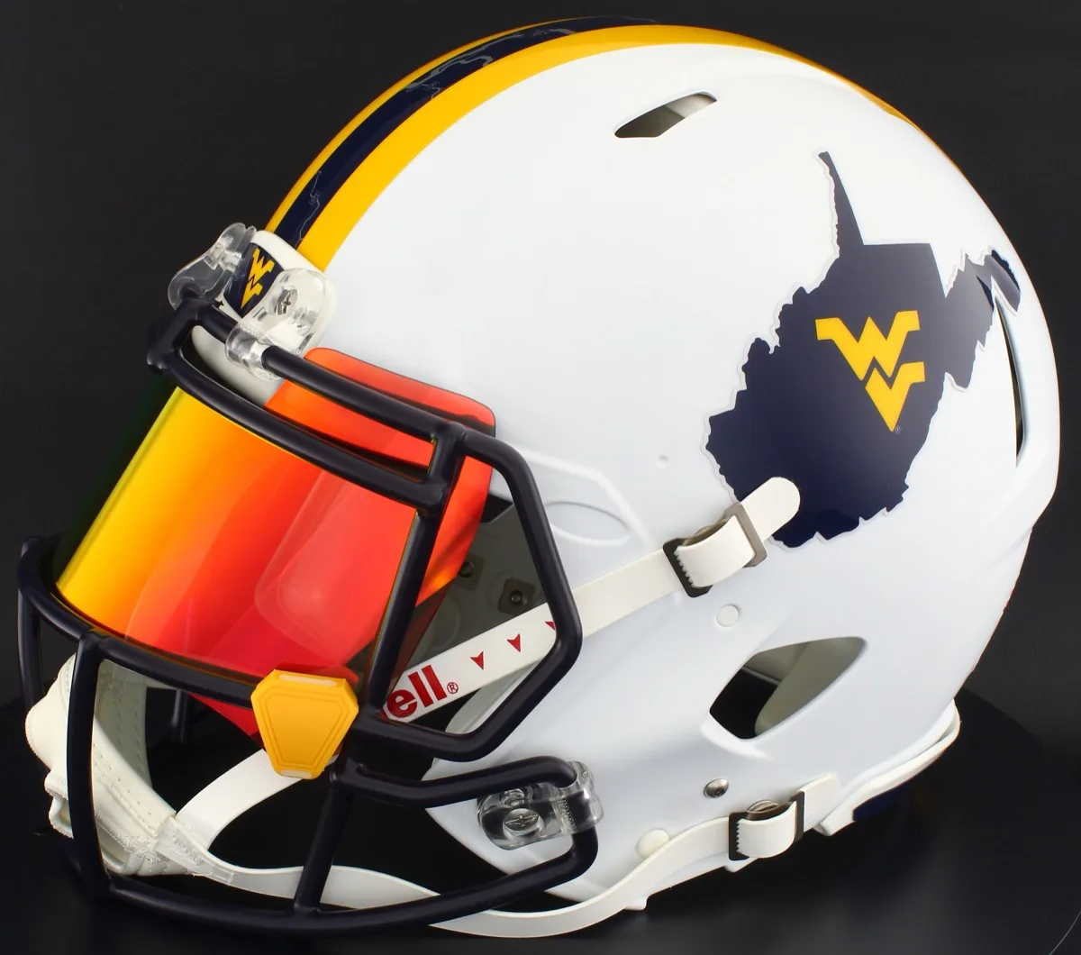 West Virginia Mountaineers Riddell Replica Speed Football Helmet – Backyard Brawl, Navy Factory Mask, Torch Visor, and Yellow Clips