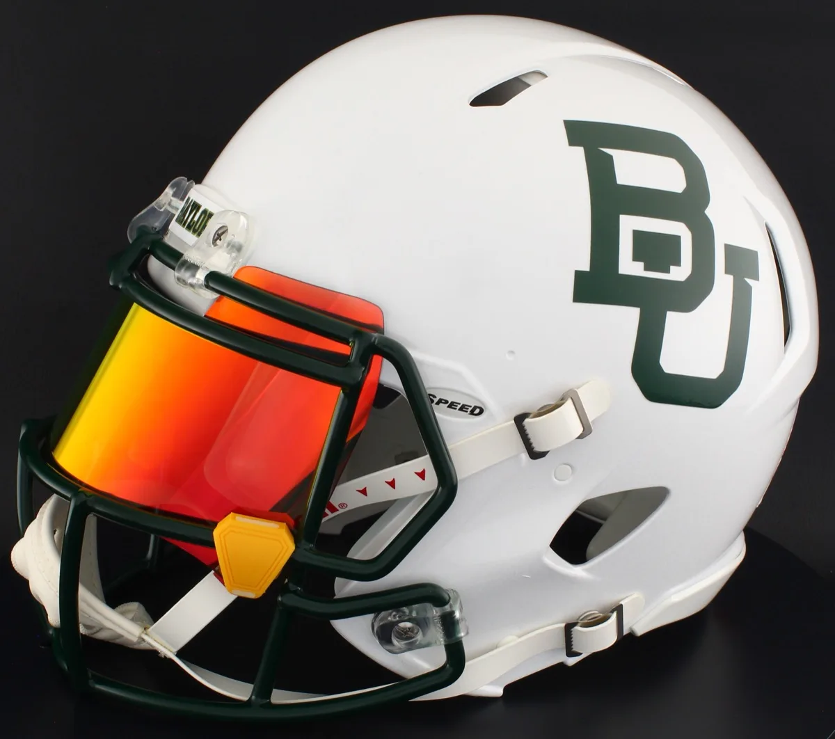 Baylor Bears Riddell Replica Speed Football Helmet – White Metallic, Dark Green Factory Mask, Torch Visor, and Yellow Clips
