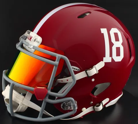 Alabama Crimson Tide Riddell Authentic Speed Football Helmet – #18, Light Gray Factory Mask, Torch Visor, and Cardinal Clips