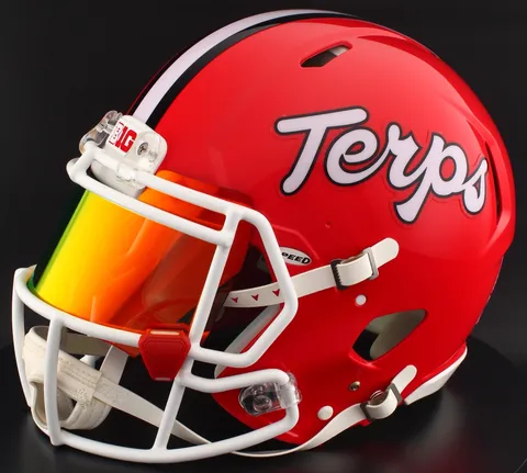Maryland Terrapins Riddell Authentic Speed Football Helmet – Terps, White Factory Mask, Torch Visor, and Red Clips