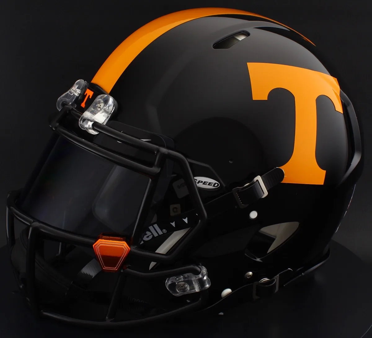 Tennessee Volunteers Riddell Replica Speed Football Helmet – Dark Mode Black, Black Factory Mask, Black Visor, Black Brow Tabs, and Orange Chrome Clips