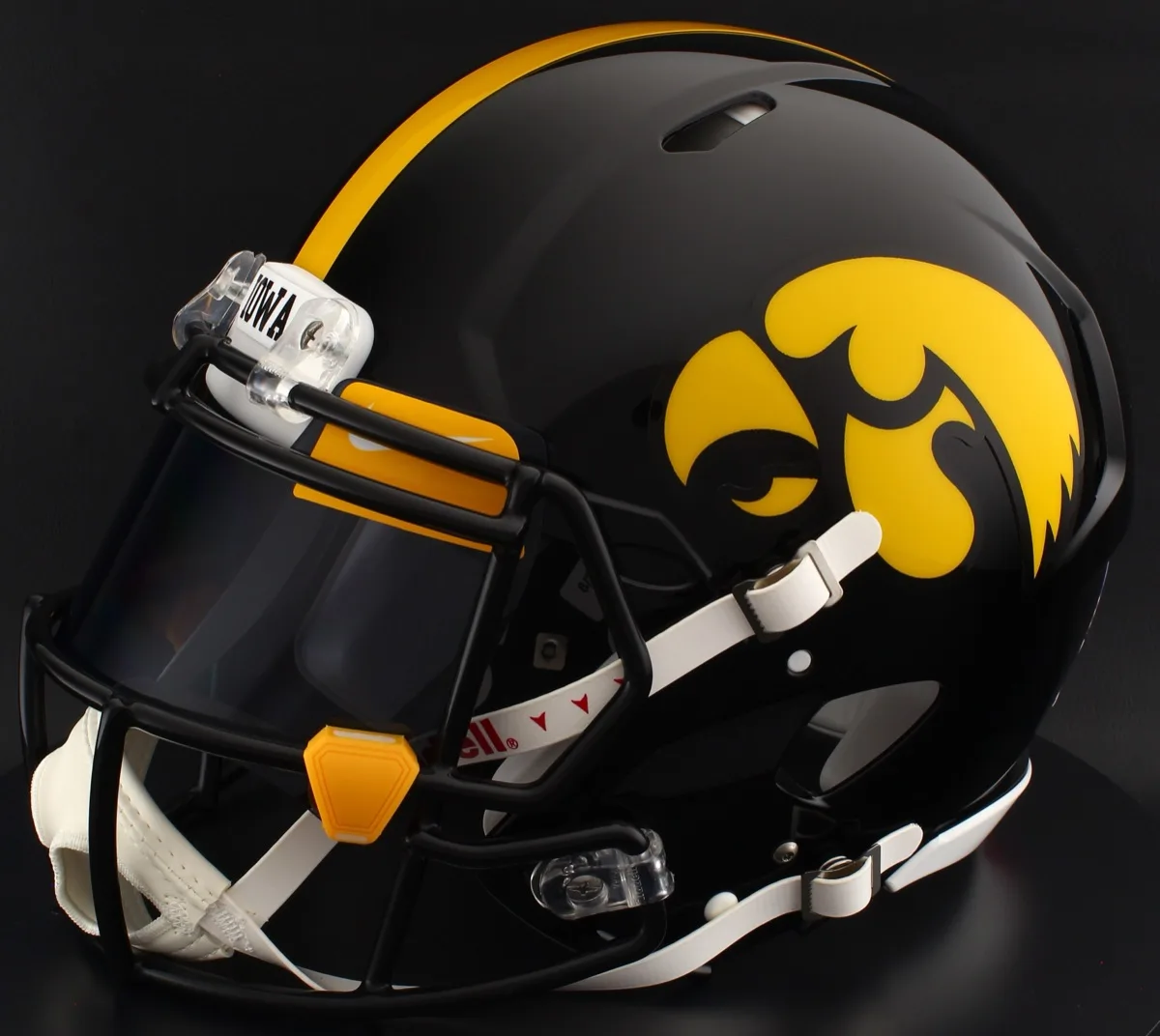 Iowa Hawkeyes Riddell Authentic Speed Football Helmet – Black Tigerhawk, Black Factory Mask, Black Visor, Yellow Brow Tabs, and Yellow Clips