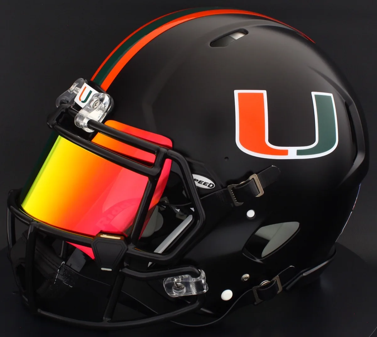 Miami Hurricanes Riddell Replica Speed Football Helmet – Black, Black Factory Mask, Torch Visor, and Black Clips