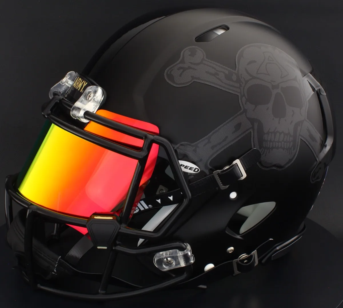 Army Black Knights Riddell Replica Speed Football Helmet – Skull and Crossbones, Black Factory Mask, Torch Visor, and Black Clips