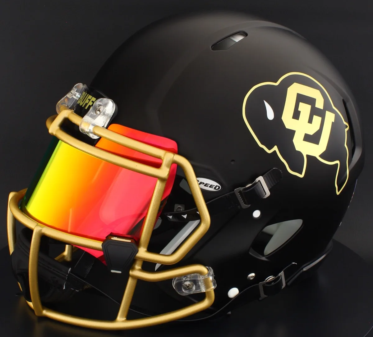 Colorado Buffaloes Riddell Authentic Speed Football Helmet – Matte Black, Vegas Gold Mask, Torch Visor, and Black Clips