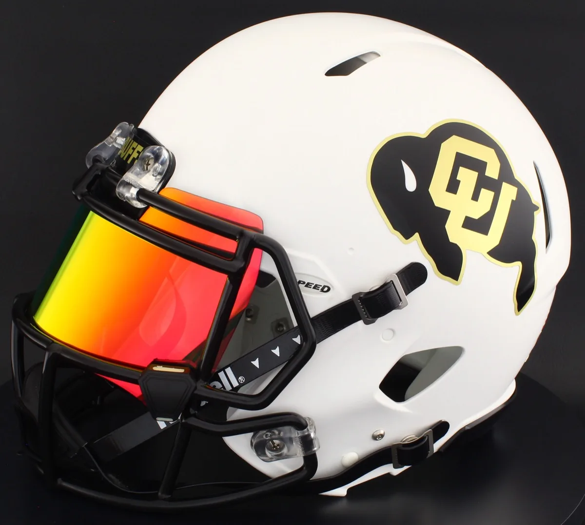 Colorado Buffaloes Riddell Authentic Speed Football Helmet – Matte White, Black Factory Mask, Torch Visor, and Black Clips