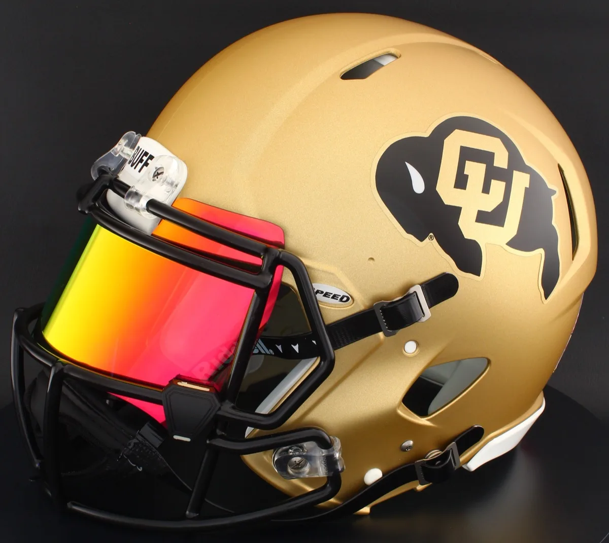 Colorado Buffaloes Riddell Authentic Speed Football Helmet – Gold Buffalo, Black Factory Mask, Torch Visor, and Black Clips