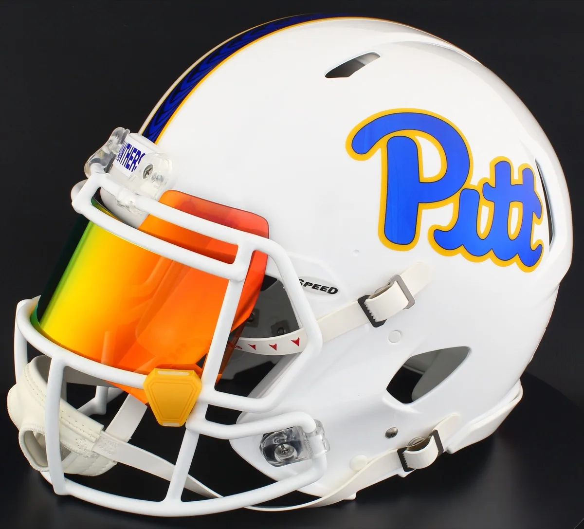 Pittsburgh Panthers Riddell Authentic Speed Football Helmet – White, Torch Visor, and Yellow Clips