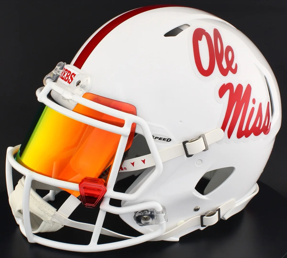 Ole Miss Rebels Riddell Authentic Speed Football Helmet – White Metallic, White Factory Mask, Torch Visor, and Red Chrome Clips