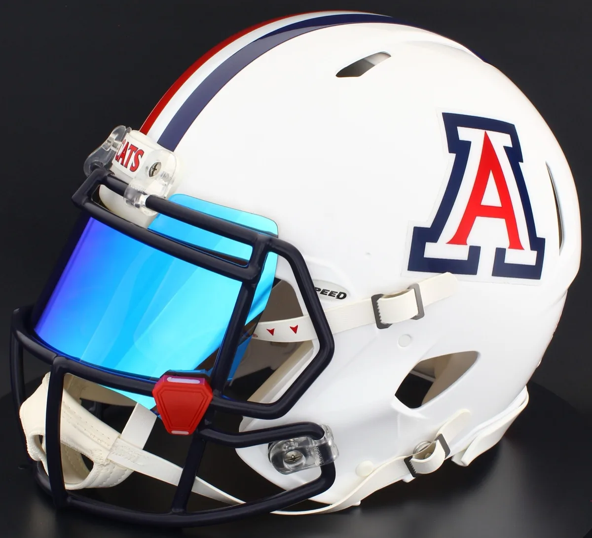 Arizona Wildcats Riddell Replica Speed Football Helmet – Gloss White, Navy Blue Factory Mask, Ice Blue Visor, and Red Clips