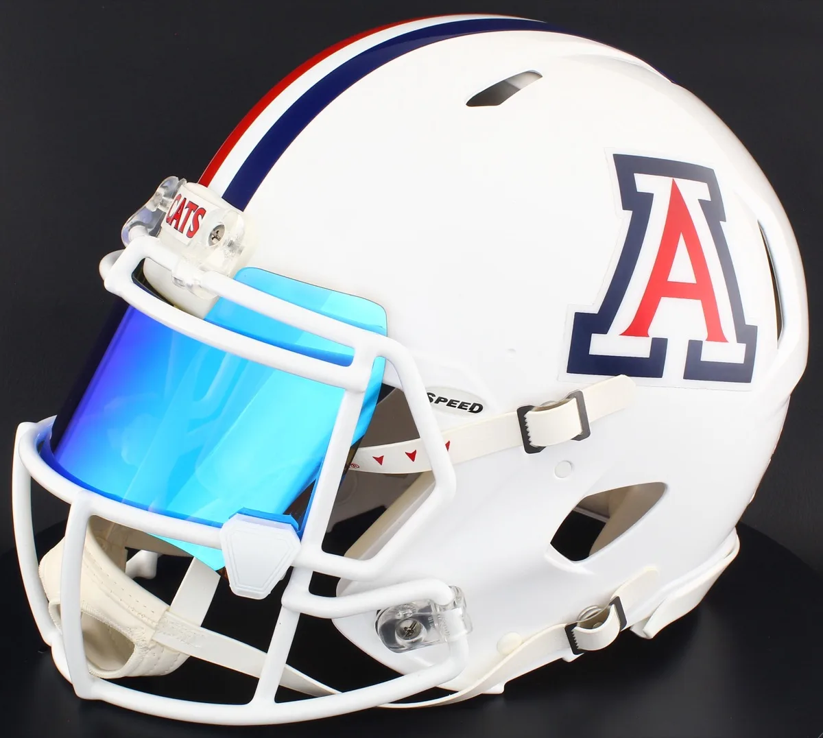 Arizona Wildcats Riddell Authentic Speed Football Helmet – Gloss White, White Mask, Ice Blue Visor, and White Clips