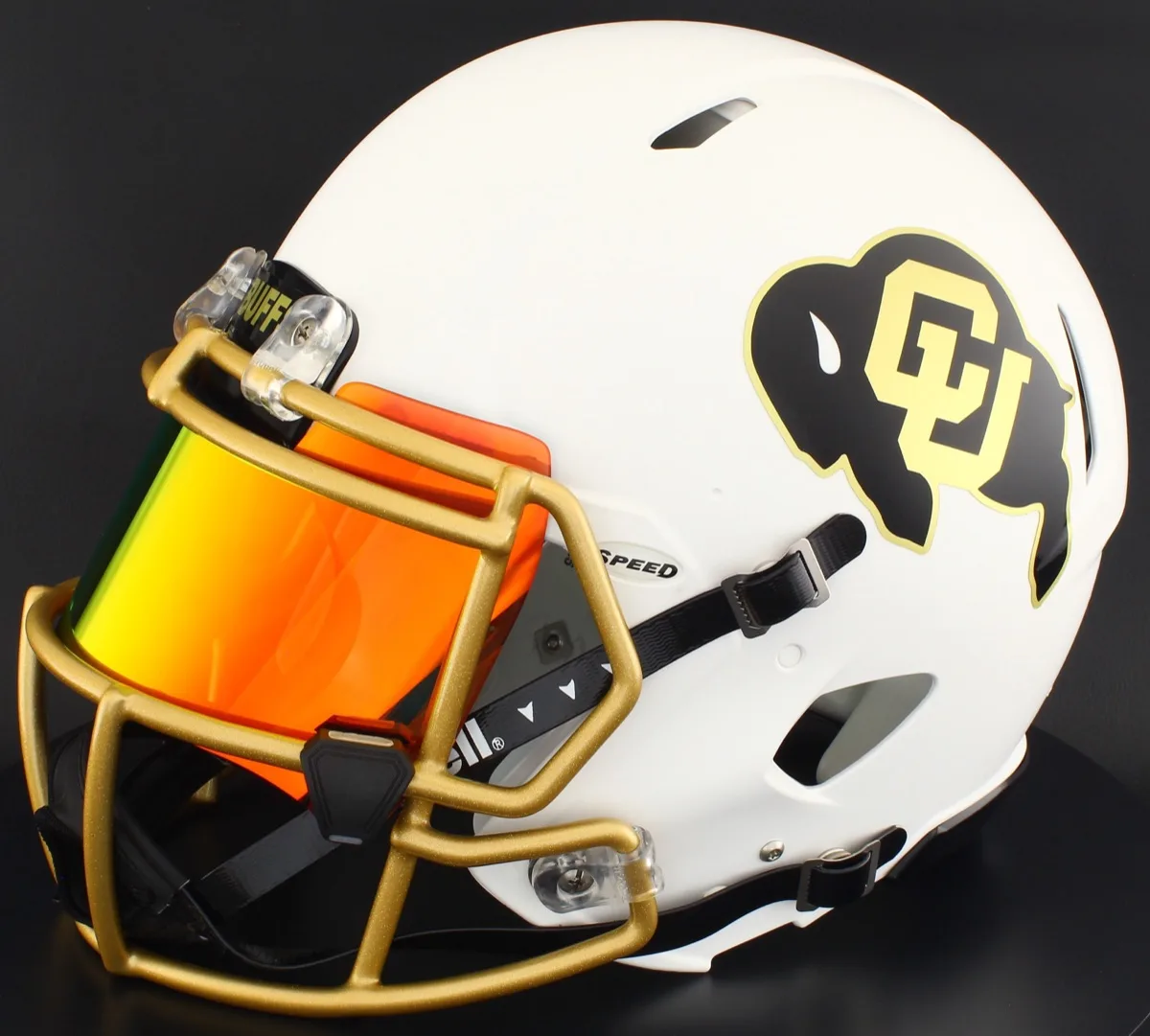 Colorado Buffaloes Riddell Replica Speed Football Helmet – Matte White, Vegas Gold Mask, Torch Visor, and Black Clips