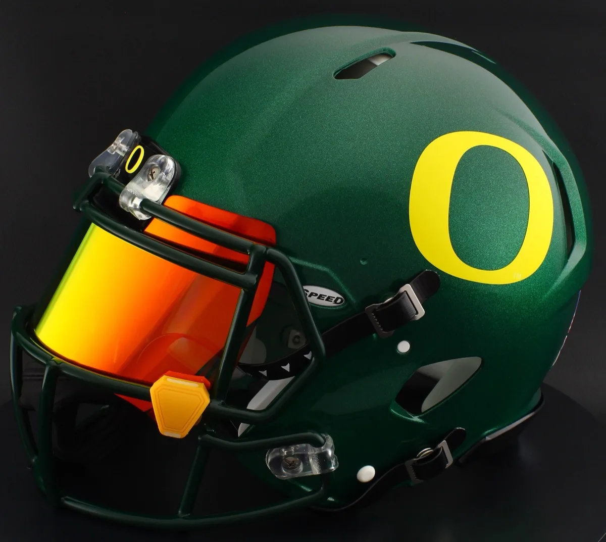 Oregon Ducks Riddell Authentic Speed Football Helmet – Metallic Green Block O, Dark Green Factory Mask, Torch Visor, and Yellow Clips